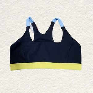 Splits59 Navy Sports Bra with Light Blue and Yellow Accents